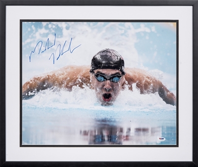Michael Phelps Signed 2008 Beijing Olympics Action Photo In 25x21 Framed Display (PSA/DNA)
